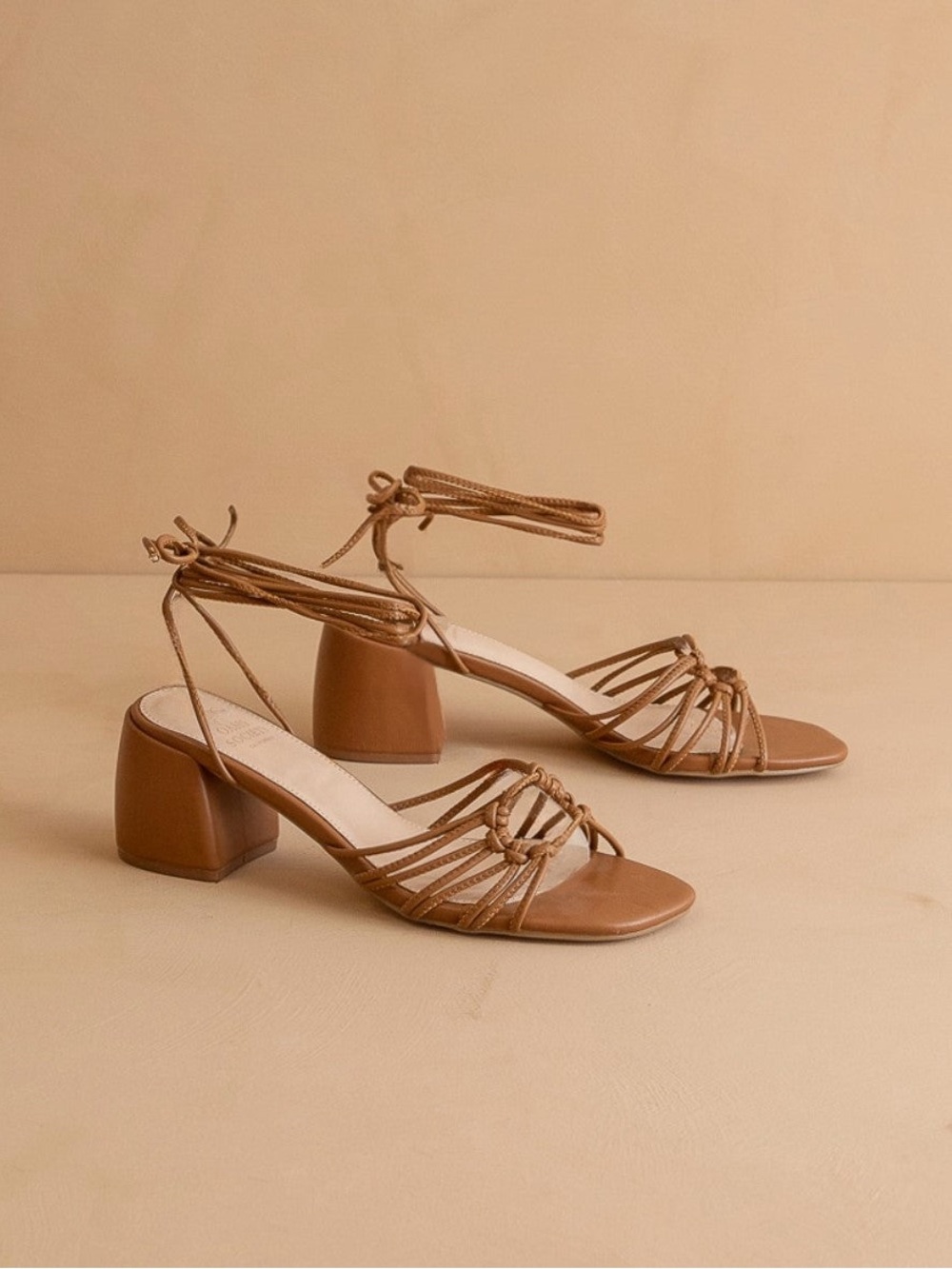 Strappy Tan Block Heel Sandals with Ankle Tie